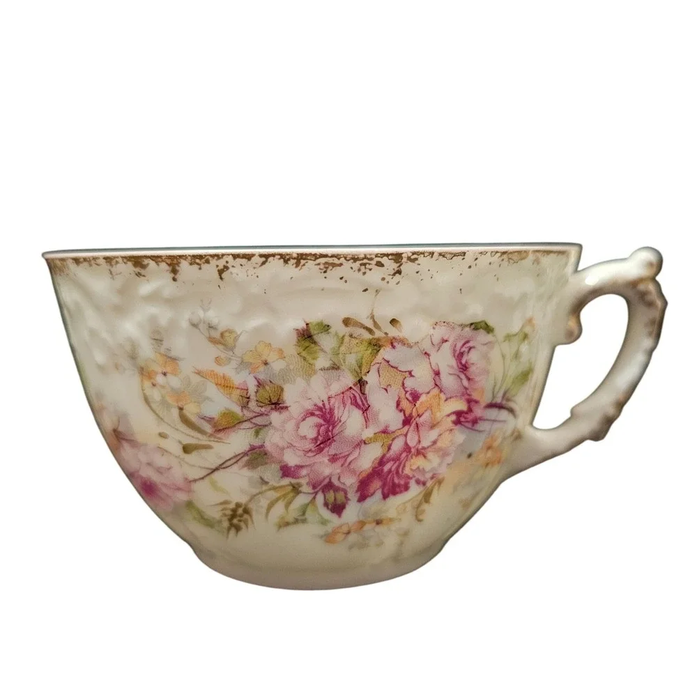 Limoges France Antique Porcelain Teacup Pink Roses Gold Gilt Floral Fine China